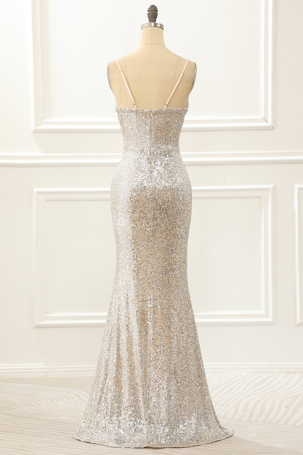 Luolandi Champagne Mermaid Sequin Prom Dress With Slit Sparkly Evening Dress